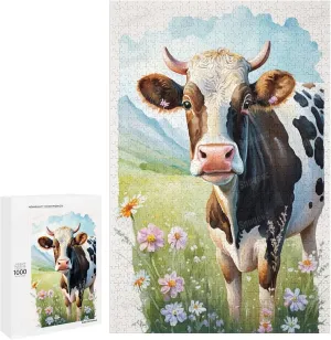 1000 Pieces Jigsaw Puzzle for Adults - Grassland Cow Inspirational Wooden Jigsaw Puzzles for Family Activities Games