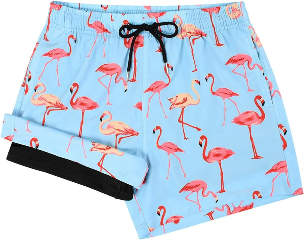 2 in 1 Men's Hawaii Print Swim Trunks with Compression Liner 5" Bathing Suits Quick Dry Shorts with Pockets