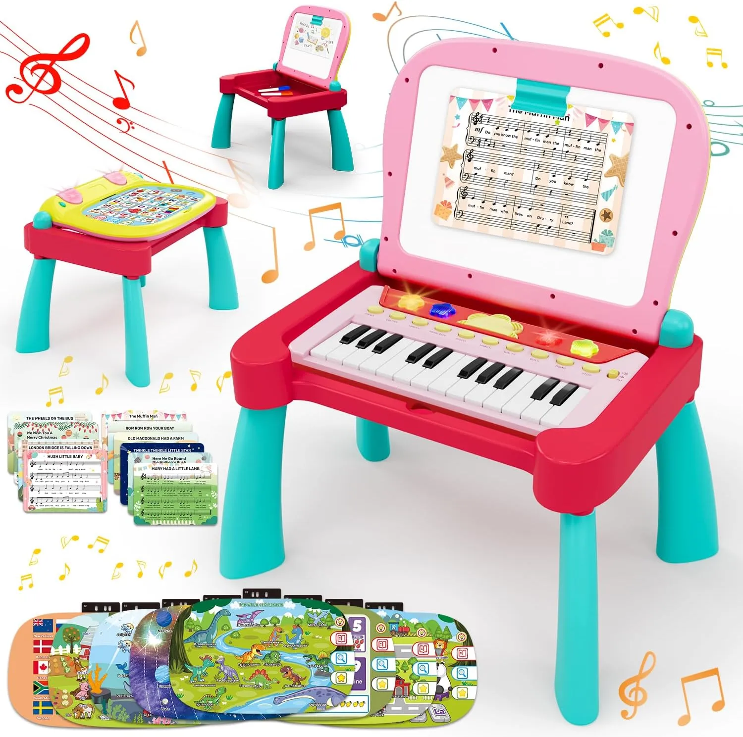3-in-1 Touch & Learn Activity Desk, Interactive Learning System, Educational Toy with 24-Key Toy Piano Keyboard for Toddler 2-5, Kids Whiteboard Drawing Table, Activity Center for Boys Girls