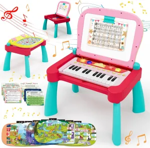 3-in-1 Touch & Learn Activity Desk, Interactive Learning System, Educational Toy with 24-Key Toy Piano Keyboard for Toddler 2-5, Kids Whiteboard Drawing Table, Activity Center for Boys Girls