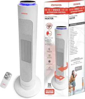 Aiwa Smart Space Heater, Voice Activated Smart Oscillating Room Heater, 24” in., Overheat Protection, Tip-Over Auto Shutoff Safety Feature, Timer, Adjustable Digital Thermostat, Indoor Room Heater