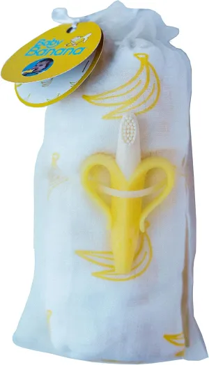 Baby Banana Muslin Swaddle Blanket & Infant Toothbrush, Yellow