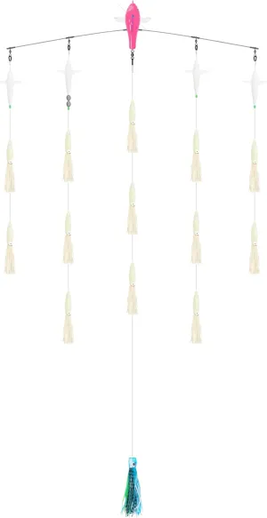 BLUEWING 18"/36" Fishing Spreader Bar Canyon Center/Port/Starboard Offshore with 6in/9in Floating Squids, Trolling Birds and 316 Stainless Steel Rod for Wahoo Tuna Marlin Mahi Mahi, Includes Mesh Bag
