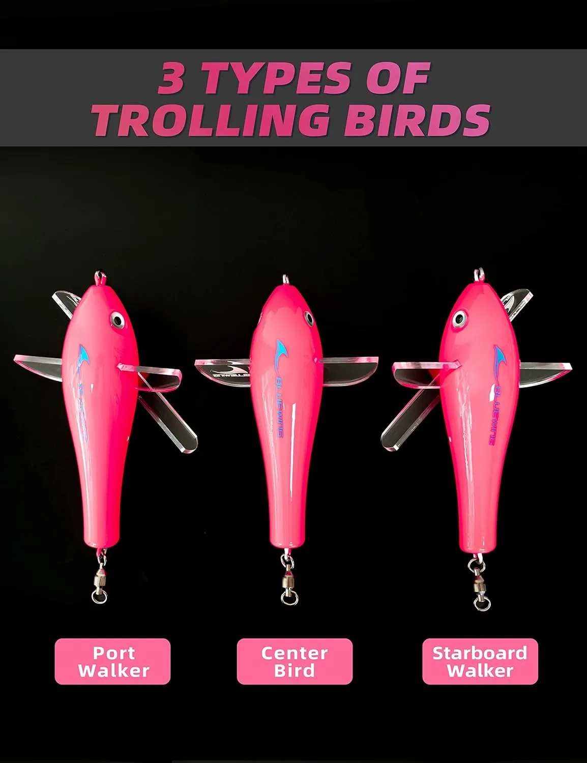 BLUEWING 18"/36" Fishing Spreader Bar Canyon Center/Port/Starboard Offshore with 6in/9in Floating Squids, Trolling Birds and 316 Stainless Steel Rod for Wahoo Tuna Marlin Mahi Mahi, Includes Mesh Bag