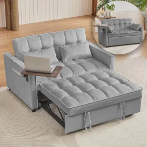 Convertible Sofa Bed, Sleeper Sofa with Side Pocket, Adjustable Backrest, Living Room Sofa with Small Table Board, Pull Out Couch, Adjustable 3 in 1 Loveseat(Velvet, Gray)