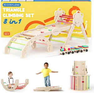 COSYLAND Pikler Triangle Set 8 in 1 - Adjustable 3-Level Montessori Climbing Toys for Toddlers 18M-6Y, Foldable Wooden Indoor Jungle Gym & Playground with Train Toy & Gift Box, Warm Tones