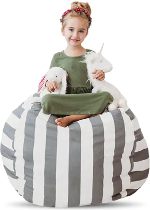 Creative QT Stuff ’n Sit Large 33’’ Bean Bag Storage Cover for Stuffed Animals & Toys, Giant Bean Bag Chair for Kids, Plush, & Toddler Bedroom Organizer, Gray/White Stripe