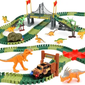 Dinosaur Track Toys with 227PCS Flexible Track, 1 Dinosaur Car, 1 Race Car, 8 Dinosaurs for 3 4 5 6  Year Old Boys Girls Best Gift, Create A Unique Dinosaur World Road Race