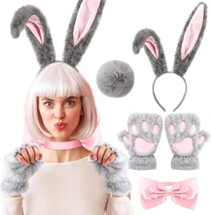 Easter Bunny Costume Accessories Woman Set Bunny Ears Tail Gloves Bow Tie Bunny Rabbit Adult Costume