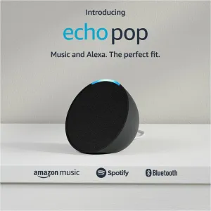 Echo Pop | Full sound compact smart speaker with Alexa | I International Version with UK Power Adaptor | Charcoal