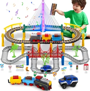 Electric Train Set for Kids Ages 4-8 with Train Tracks Set & Car Tracks Lights Up Bridge Road Sign Realistic Sound Train Track Accessories Playset Boy Toys Birthday 4 5 6 7 8  Year Old