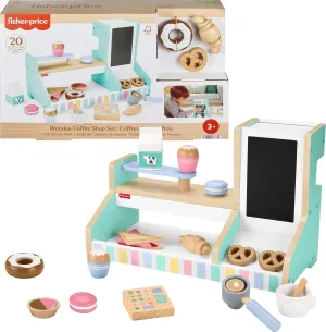 Fisher-Price Wood Pretend Play Coffee Shop & Toy Register, 20-Piece Wooden Food Playset for Preschool Kids Ages 3  Years