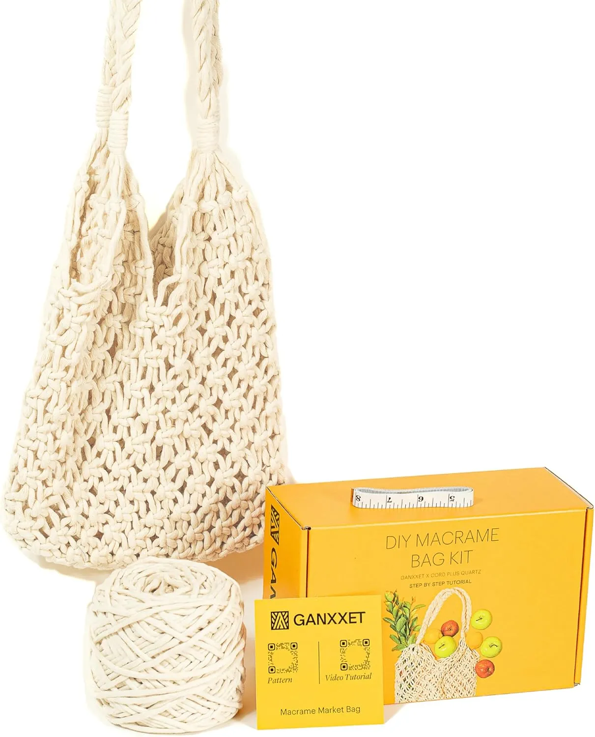 Ganxxet Macrame Kit for Beginners, DIY Macrame Market Bag Kit with 4mm Cotton Cord, Measuring Tape, Pattern and Video Tutorial, Trendy Handbag Kit