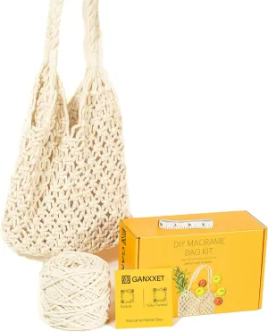 Ganxxet Macrame Kit for Beginners, DIY Macrame Market Bag Kit with 4mm Cotton Cord, Measuring Tape, Pattern and Video Tutorial, Trendy Handbag Kit