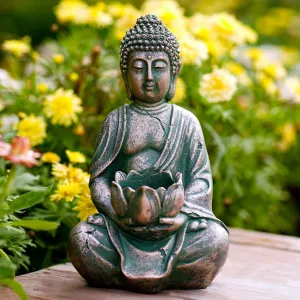 Goodeco Meditation Small Buddha Statue Figurine -Buddha with LED Tea Lights Candle Holder,Gift idea,Zen Home Decor Meditation Accessories,Antique Bronze Look 8"