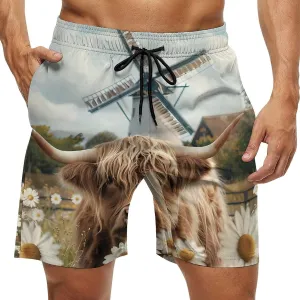 Highland Cow White Daisy Flower Men's Swim Trunks Breathable Bathing Suit Swimming Board Shorts Hawaiian Beach Swimwear