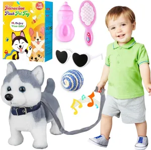 Husky Walking and Barking Puppy Dog Toy with Control Leash,Realistic Wagging Tail Robot Interactive Musical Dancing Animated Plush Stuffed Animal Electronic Pet for Kids Toddlers