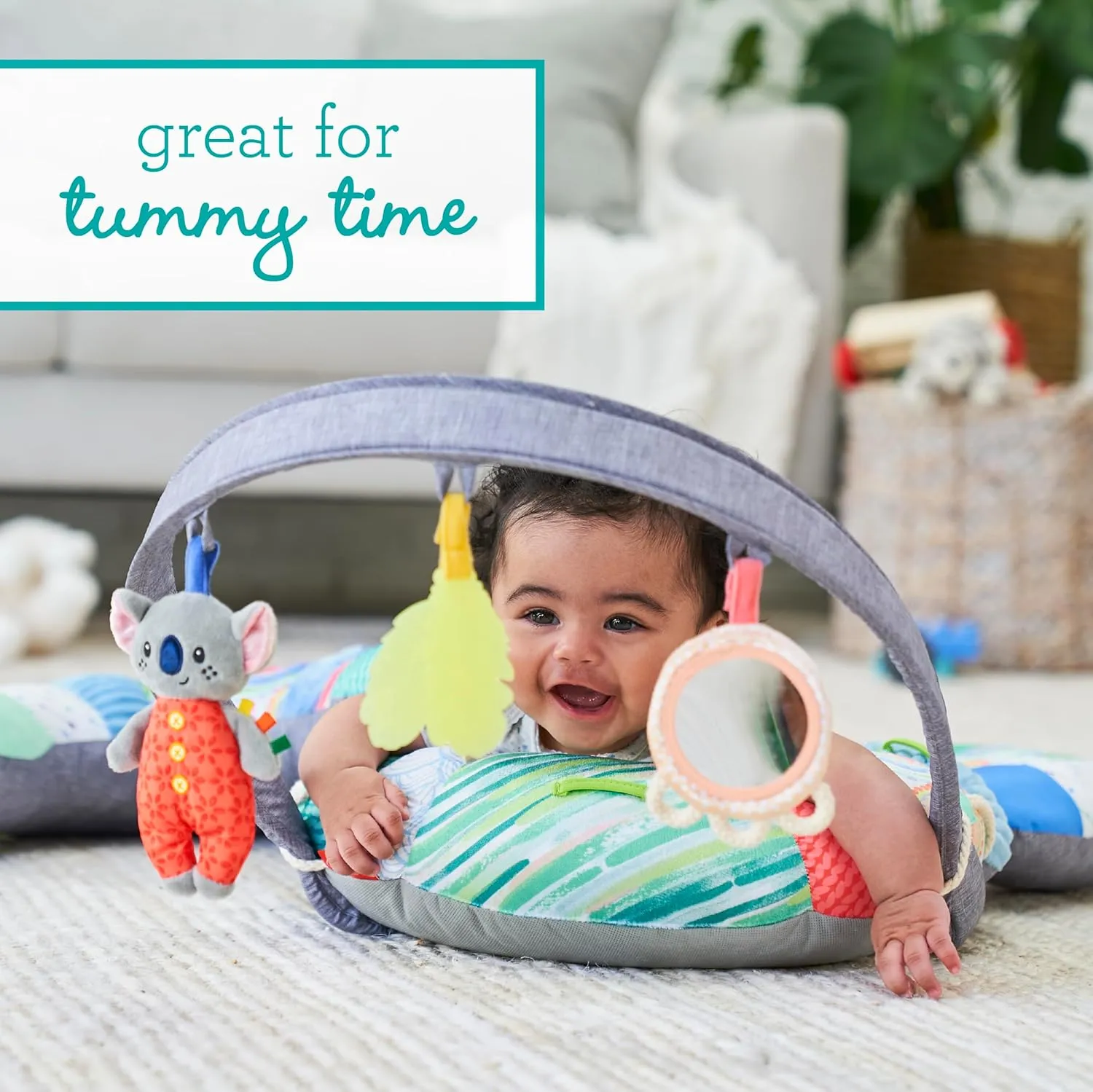 Infantino 3-in-1 Tummy Time, Sit Support & Mini Gym - Removable Toy Arch - Musical Koala Pal, Soothing Leaf Teether & Peek-and-See Mirror - for Babies, 0M 