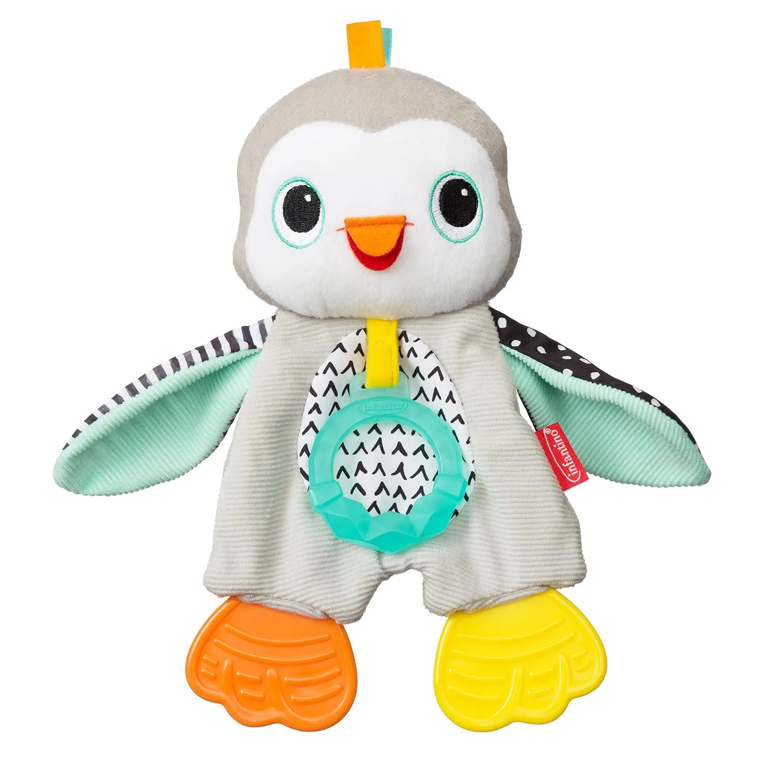 Infantino Cuddly Teether, Penguin Character, 3 Textured Teething Places to Soothe Sore Gums, BPA-Free Silicone, Soft Fabric Textures to Explore, Crinkle Sounds to Discover, for Babies 0M 