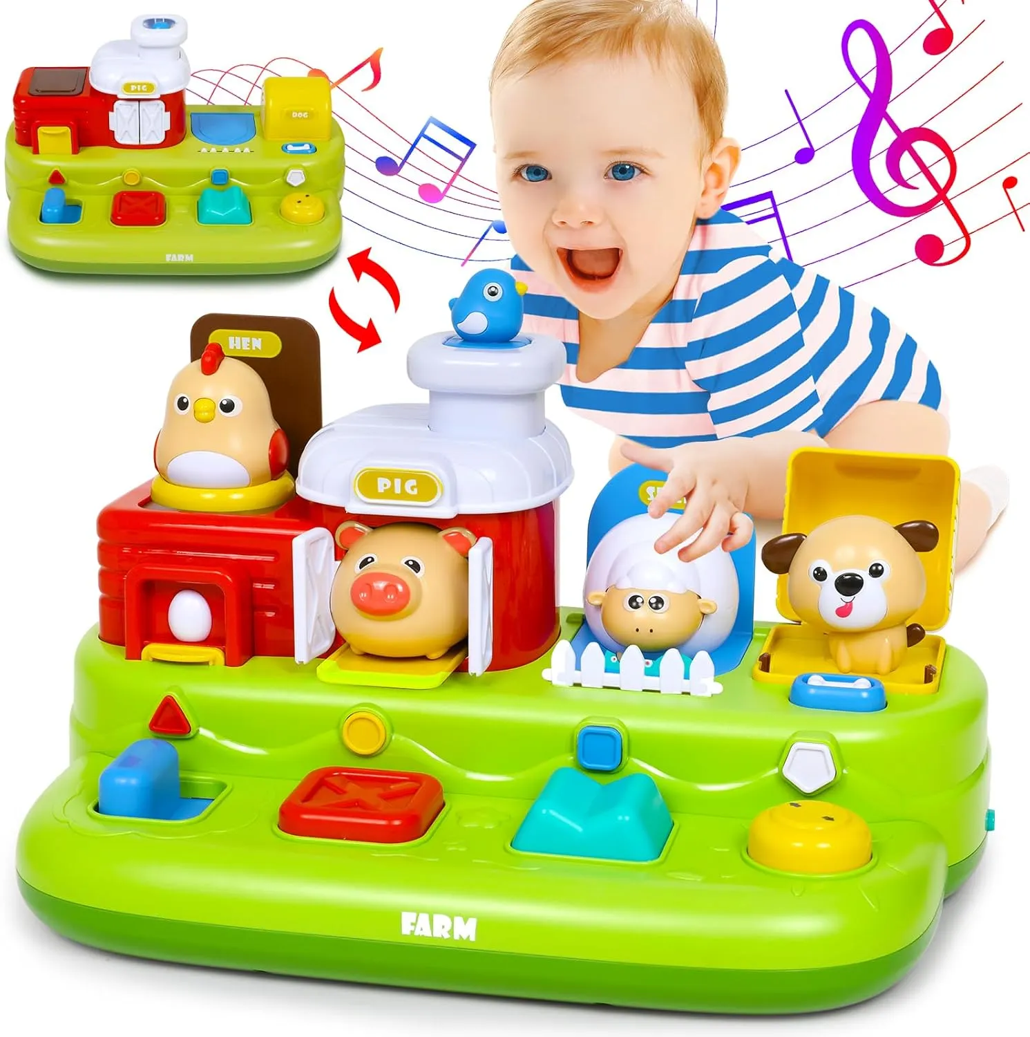 Interactive Pop Farm Animal Up Toys with Music Sounds Montessori Cause and Effect for 1-3 Baby Boy Girl Early Educational Musical Baby Infant STEM Gift 9-12-18 Months Babies Birthday