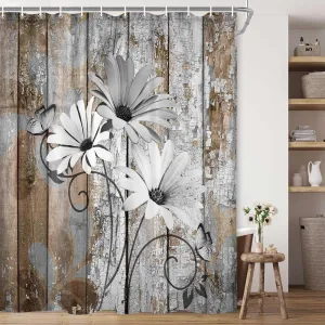 JAWO Farmhouse Flower Floral Shower Curtain, Rustic Grey Daisy Shower Curtain Set, Country Grey Wild Garden Plant Fabric Shower Curtain with Hooks, Brown Wooden Board Bathroom Curtain, 69x70inch