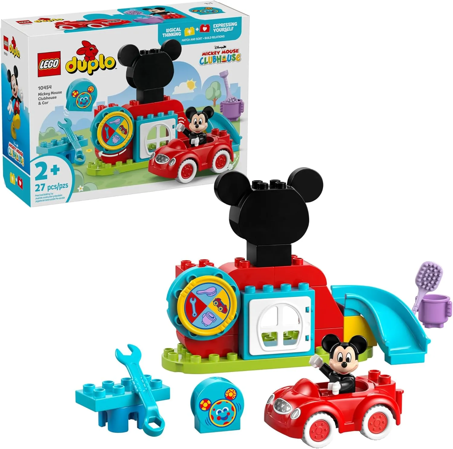 LEGO DUPLO Disney Mickey Mouse Clubhouse & Car Building Kit - Color Sorting Sensory Toy with Spinning Wheel - Toy for Toddlers, Girls, and Boys, Ages 2  - Birthday Gift for Preschoolers - 10454
