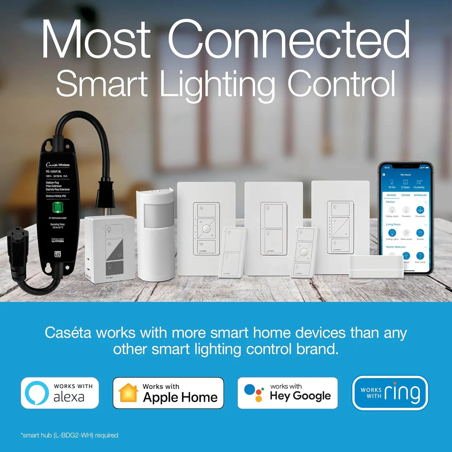 Lutron Caseta Smart Lighting Original Dimmer Switch (Lutron Smart Hub Required), for Light Bulbs, 150 Watt, Single-Pole/3-Way, No Neutral Required, PD-6WCL-WH-2, White, 2 Pack