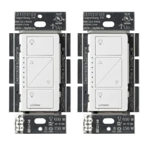 Lutron Caseta Smart Lighting Original Dimmer Switch (Lutron Smart Hub Required), for Light Bulbs, 150 Watt, Single-Pole/3-Way, No Neutral Required, PD-6WCL-WH-2, White, 2 Pack