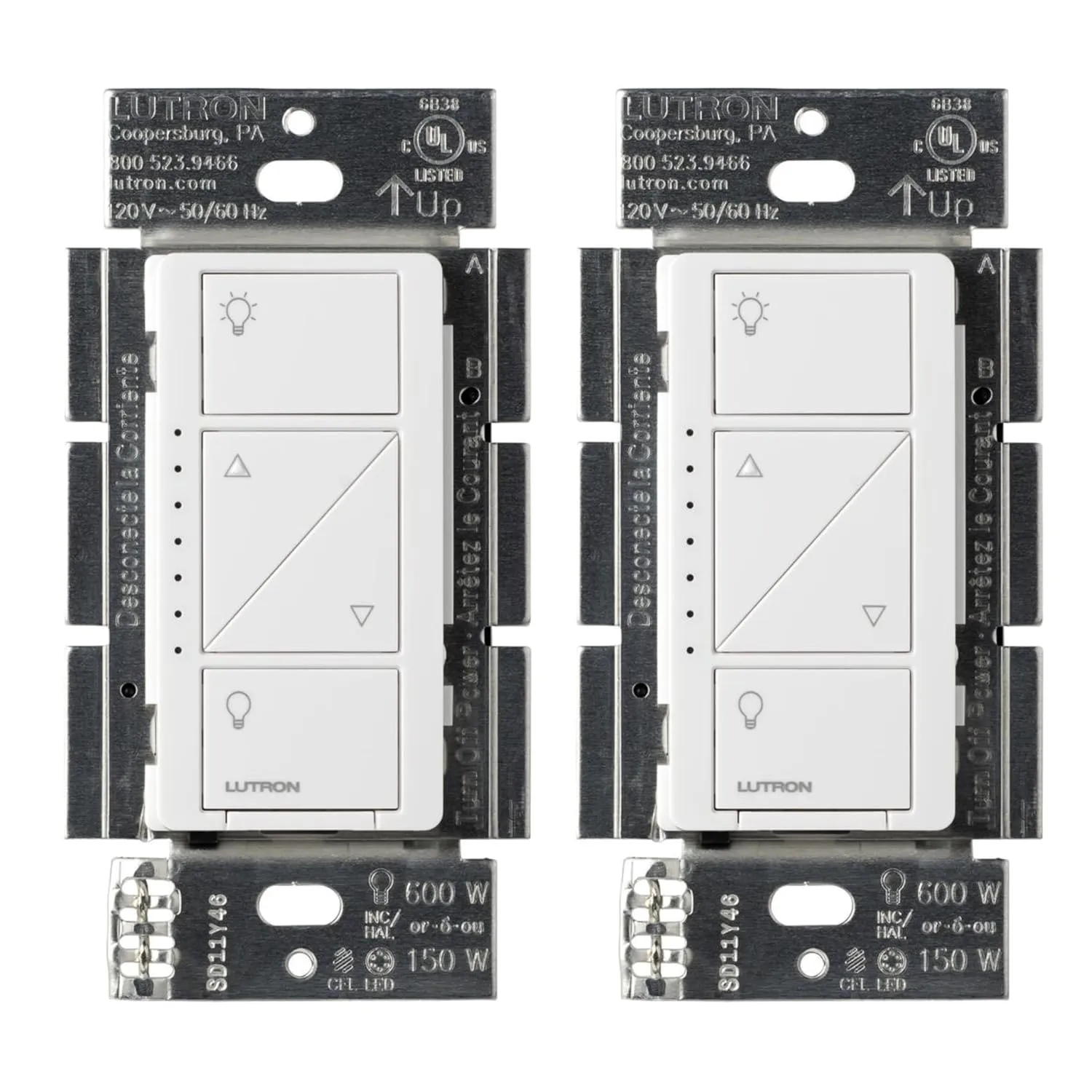Lutron Caseta Smart Lighting Original Dimmer Switch (Lutron Smart Hub Required), for Light Bulbs, 150 Watt, Single-Pole/3-Way, No Neutral Required, PD-6WCL-WH-2, White, 2 Pack