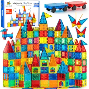 Magnetic Tiles 100 PCS with 2 Cars, Magnetic Tiles for Kids & Toddlers, Toy for 3 4 5 6 7 8 Year Old Boys & Girls, Gift Box
