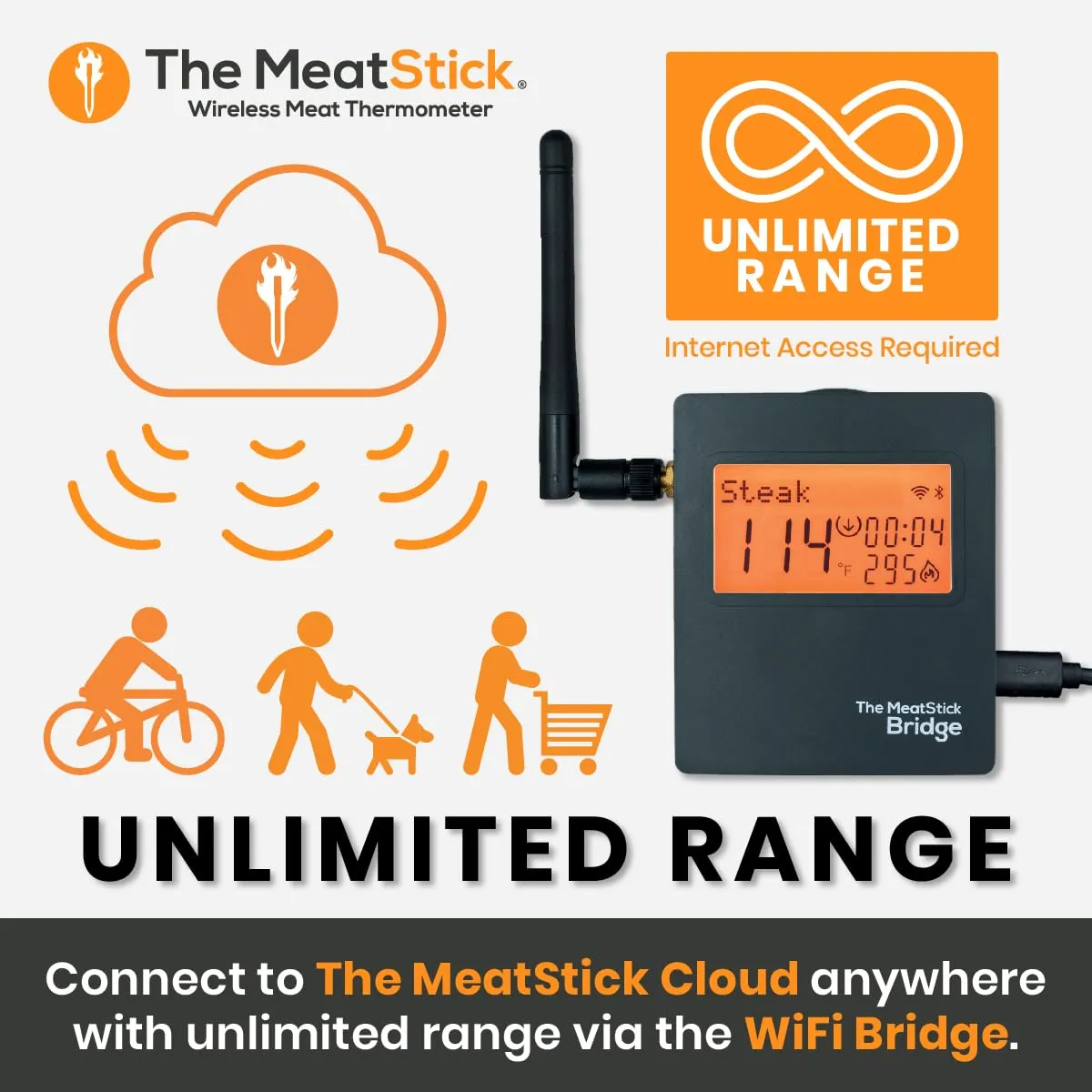 MeatStick WiFi Bridge Set | 2-Probe Package | Smart Wireless Meat Thermometer | Unlimited Range Digital Food Probe with Bluetooth | for Smoking, Grilling, BBQ, Air Fryer, Deep Frying, Oven, Rotisserie