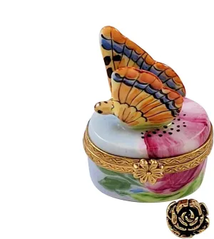 Monarch Butterfly with Brass Flower Limoges Box Figurine