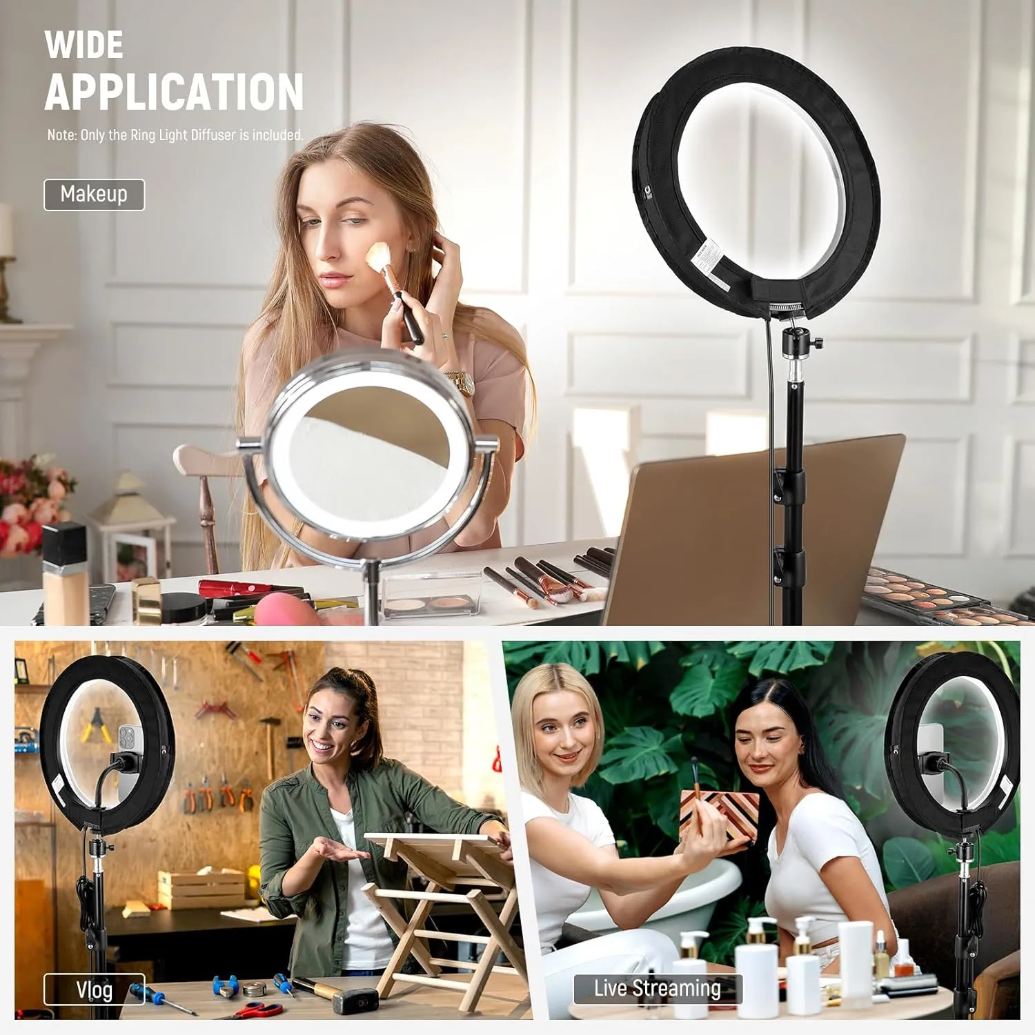 NEEWER Ring Light Diffuser for RH12B RH12C 12" Only, Elastic Video Softbox Sock for Soft & Even Light, No Leakage, White Soft Cloth for Live Stream/Video Recording, NS008