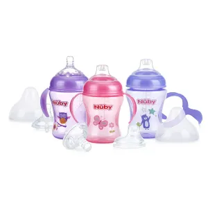 Nuby 3 Piece Natural Touch 3 Stage Wide Neck Breast Size Bottle-to-Cup, Girl