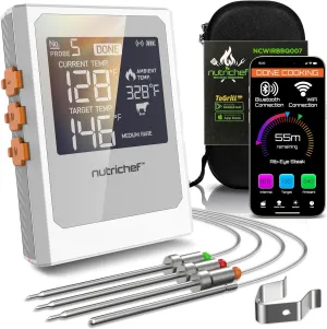 Nutrichef Wireless Meat Thermometer with 2 Stainless Steel Probes, Bluetooth and WiFi Smartphone App for Monitoring Food Temp and Remote Alerts, Digital Display, for Grilling and BBQ Smoking