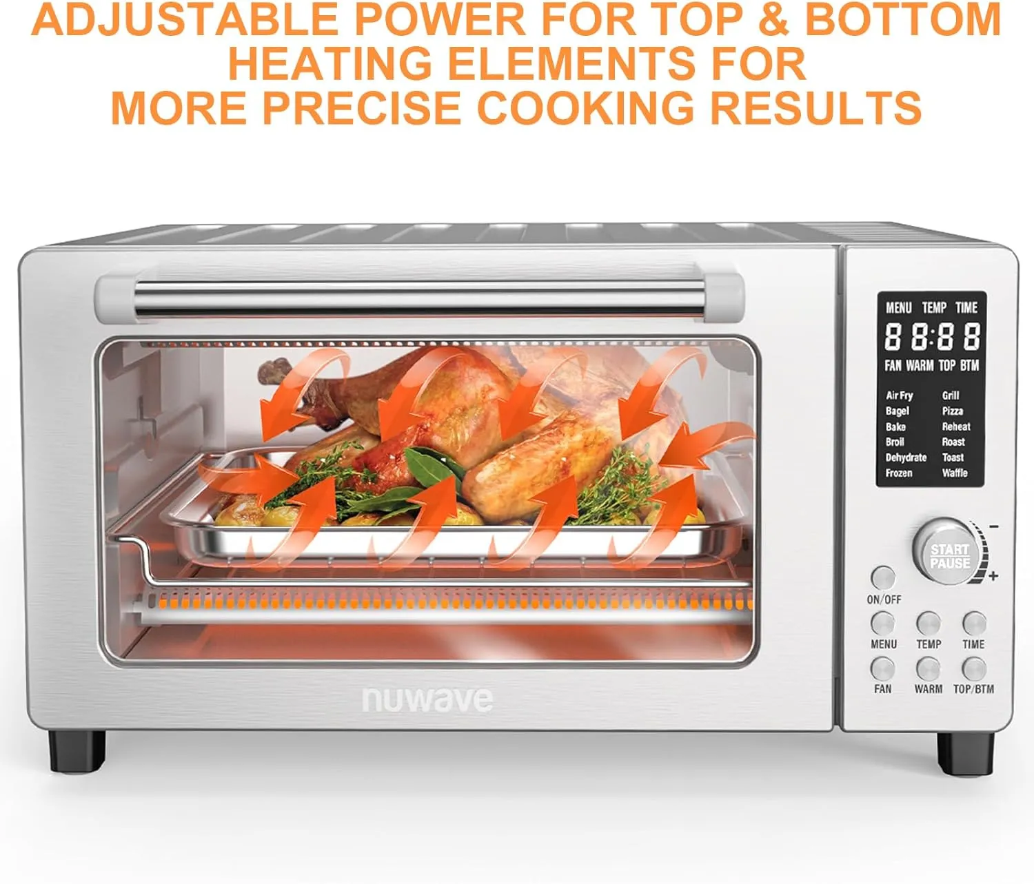 Nuwave Bravo Air Fryer Toaster Smart Oven, 10-in-1 Countertop Convection, 1800 Watts, 21-Qt Capacity, 50°-450°F Temp Controls, Top and Bottom Heater Adjustments 0%-100%, PFAS Free, Stainless Steel