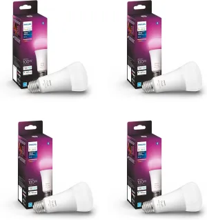 Philips Hue Smart 100W A21 LED Bulb - White and Color Ambiance Color-Changing Light - 4 Pack - 1600LM - E26 - Indoor - Control with Hue App - Works with Alexa, Google Assistant and Apple Homekit.