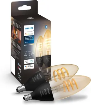 Philips Hue Smart 40W Candle-Shaped Filament LED Bulb - White Ambiance Warm-to-Cool White Light - 2 Pack - 270LM - E12 - Indoor - Control with Voice or App