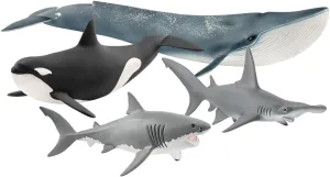 Schleich Ocean Animals Toy 4-Piece Sea Animals Toys Set Including Blue Whale, Killer Whale and 2 Shark Toys for Toddlers and Kids Ages 3 