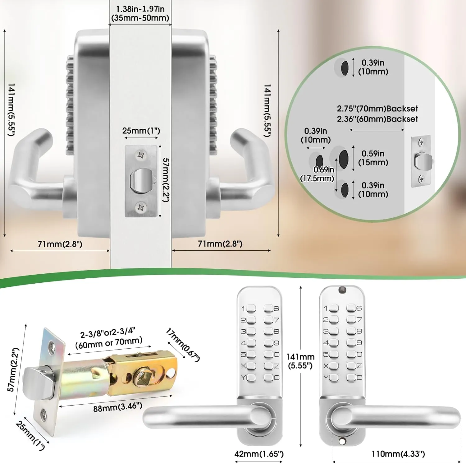 Single Sided Keypad Door Lock Lever, Mechanical Keyless Entry Door Lock with Handle, Code Combination Front Gate for Warehouse, Not Deadbolt, Auto Lock, No Electronic (Pearl Chrome)