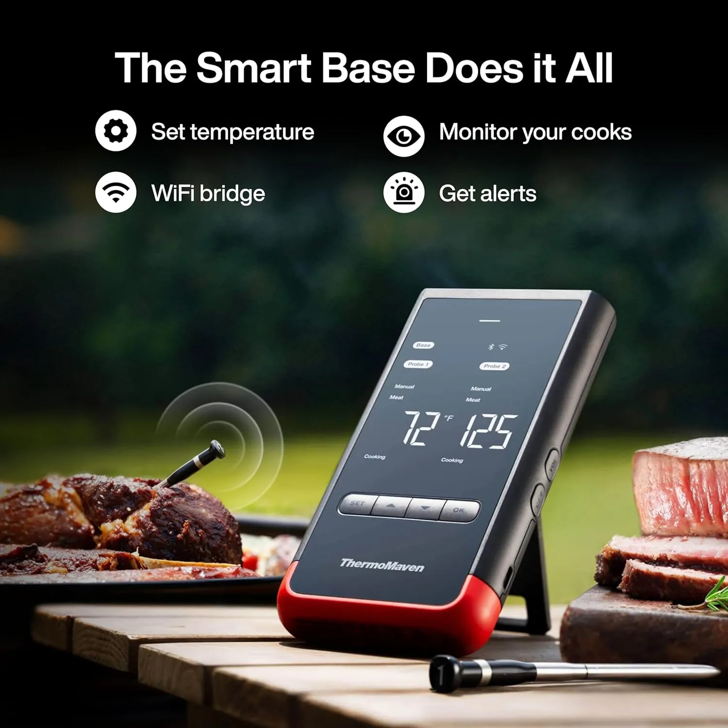 Smart Bluetooth Wireless Meat Thermometer: Standalone Base, WiFi Unlimited Range, 6 Sensors with NIST Certified Accuracy, 2 Probes for Kitchen, BBQ, Grill, Oven, Smoker, Rotisserie