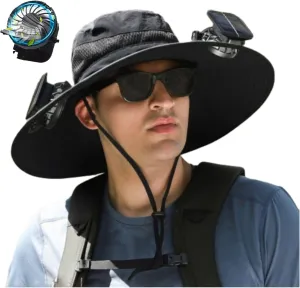 Solar Powered Outdoor Fishing Hat with Double Fans, Solar Powered Fanhat, Men's Wide Brim Solar Fan Outdoor Fishing Hat