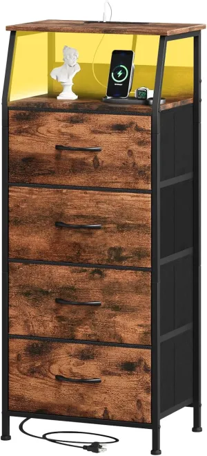 Somdot Tall Nightstand with Charging Station and LED Light for Bedroom, 4 Drawers Dresser with Fabric Bins for Bedside Kids Dorm Room Closet Laundry Entryway, Wood Grain Print