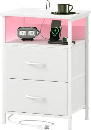 Somdot White Nightstand with Charging Station and LED Light for Bedroom, 2 Drawers Dresser with Fabric Bins for Bedside Kids Dorm Room Closet Laundry Entryway, White Leather