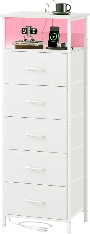Somdot White Nightstand with Charging Station and LED Light for Bedroom, Tall 5 Drawers Dresser with Fabric Bins for Bedside Kids Dorm Room Closet Laundry Entryway, White Leather