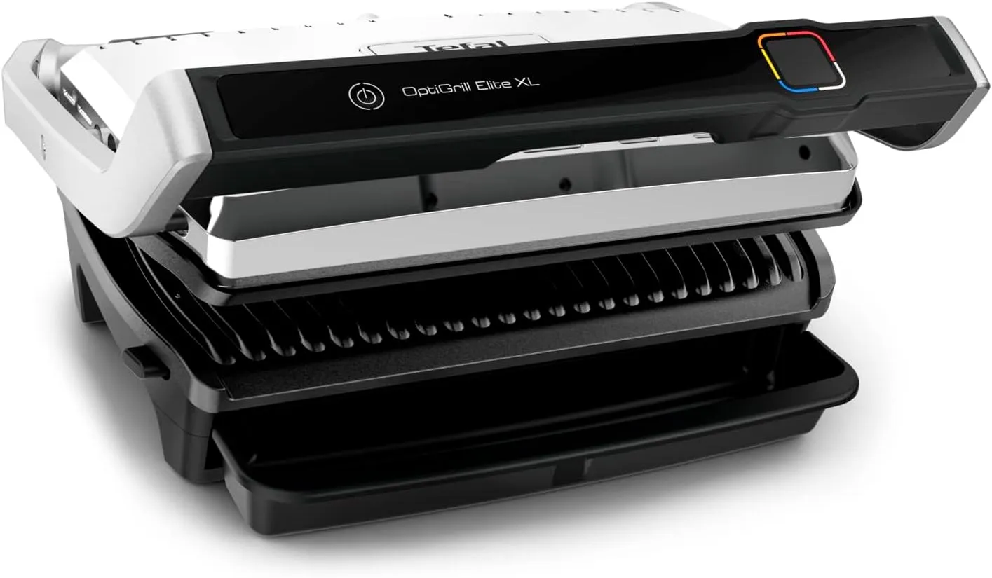 Tefal OptiGrill Elite XL Gril électrique, Cuisson auto, Guide cuisson intuitif, 16 programmes, Aliments congelés, Viande marquée, Mode manuel, Compatible lave-vaisselle, Livret de recettes GC760D12