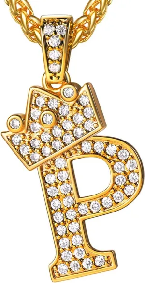 U7 Crown Initial A-Z Necklace, Iced Out Letter Pendant with 22-24 Inch Chain, Men Women Bling Hip Hop Alphabet Name Jewelry Big Initials Necklaces Color Steel,Black,Gold
