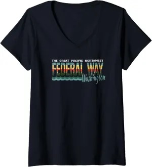 Womens Distressed Retro Federal Way WA Pacific Northwest Shirt PNW V-Neck T-Shirt