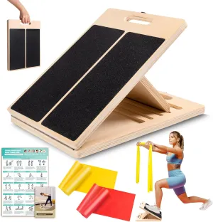 Wooden Slant Board for Calf Stretching, Portable Adjustable Calf Stretch Board with Training Poster & Physical Therapy Bands, 300lb Weight Capacity Calf Ankle Achilles Stretcher for Exercise & Squat